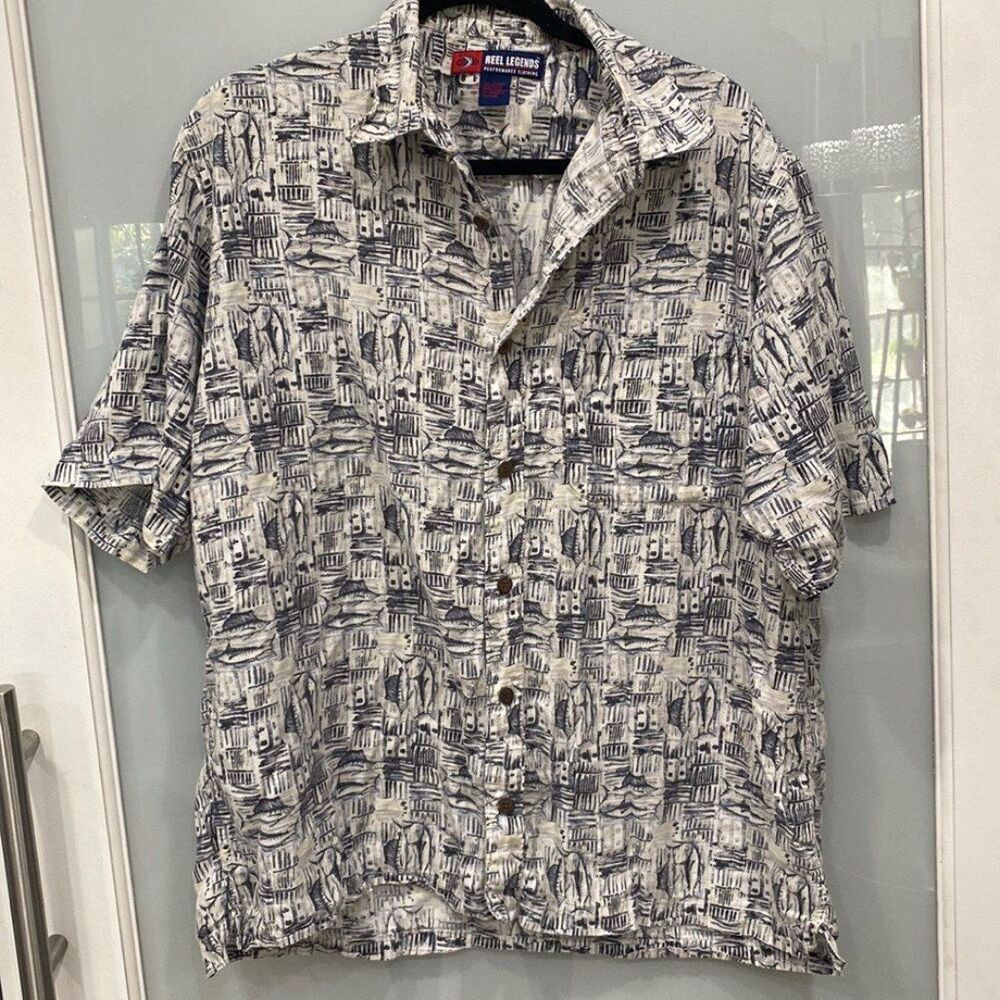 Reel Legends Men's Blue White Marlin Fish Print Short Sleeve Button Down Sz L